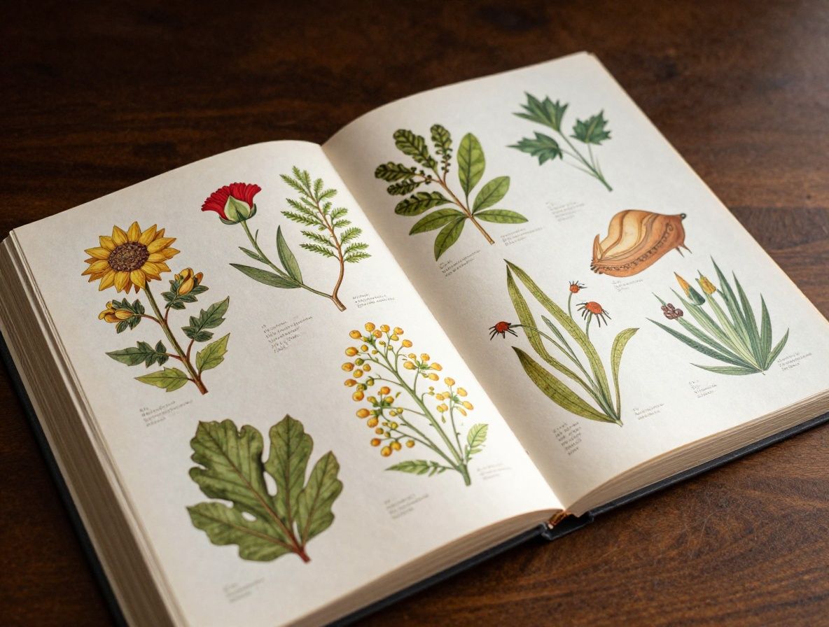 Otvorená kniha botanických ilustrácií rastlín s detailnými perovými kreslami na starých žltnutých stránkach, v jemnom bočnom svetle na drevenom stole